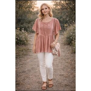 POL Velvet Babydoll Top Blush Pink Cottage Embroidered M Whimsical Romantic Boho
